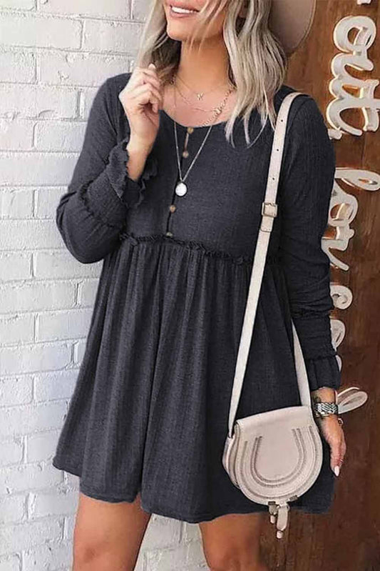 Textured Button Long Sleeve Babydoll Dress