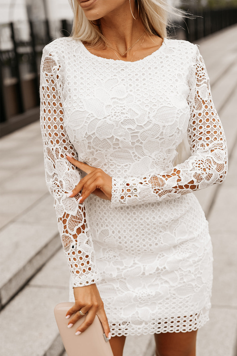 Lace Hollowed Long Sleeve Bodycon Dress