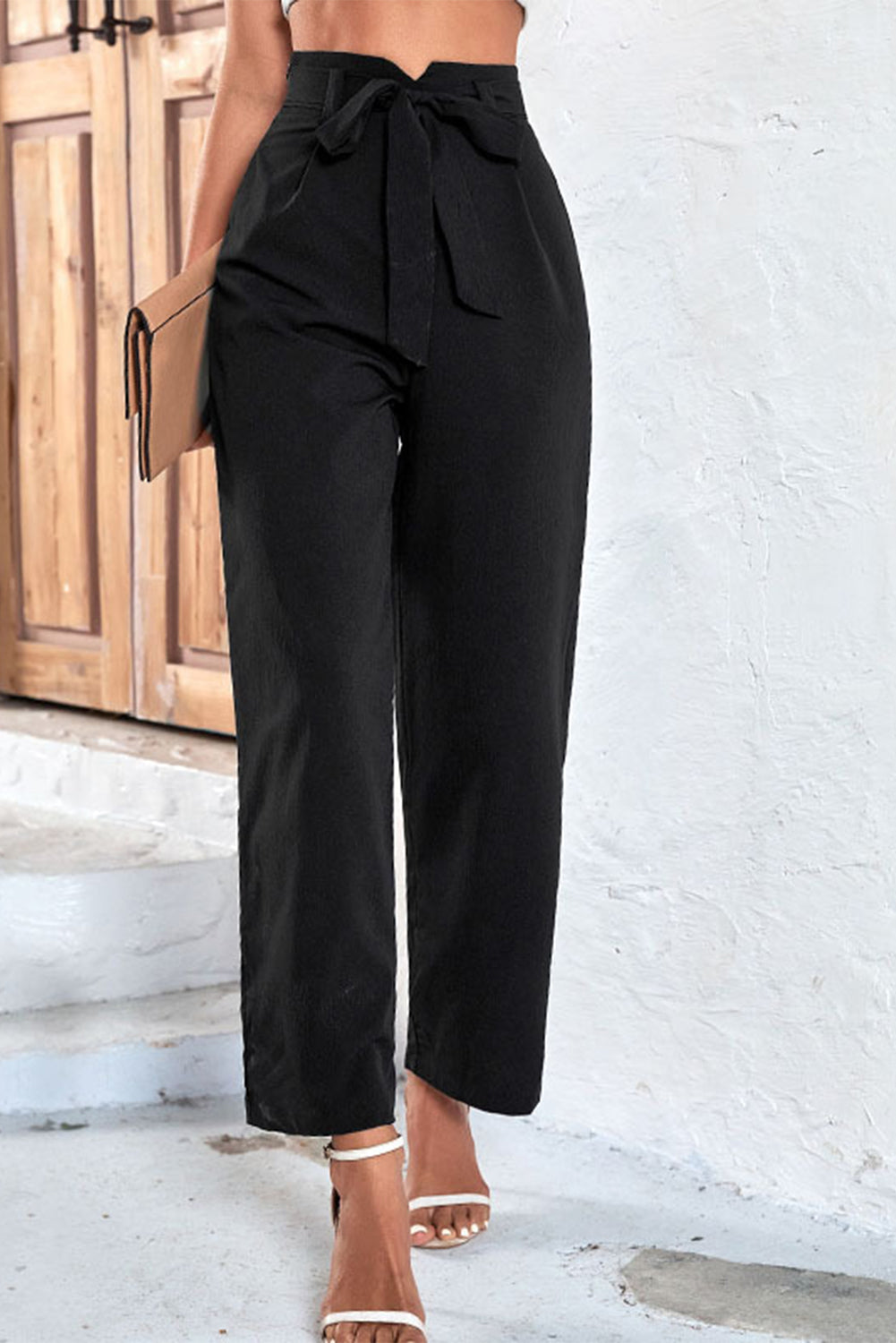 Pantalon large noir à taille nouée de couleur unie