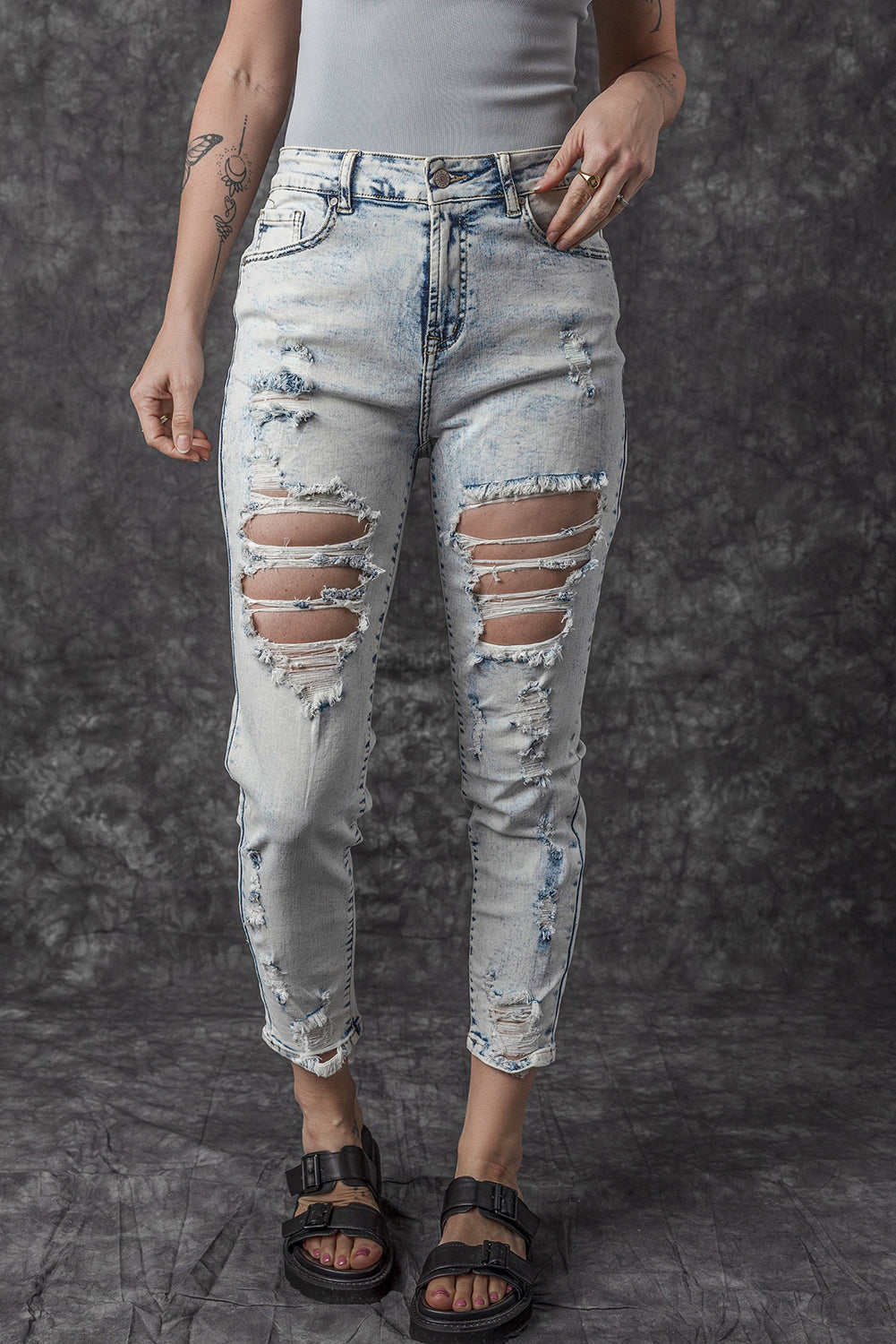 Sky Blue Vintage Washed Heavy Destroyed Skinny Jeans