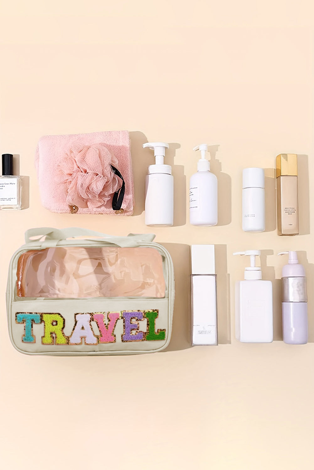 Trousse de maquillage en PVC transparent avec lettre chenille TRAVEL rose clair