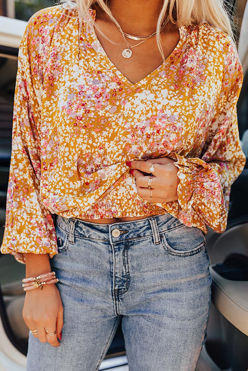 Split V Neck Floral Blouse