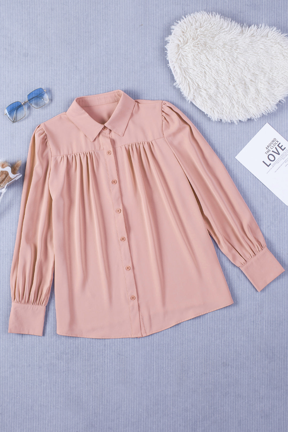 Solid Color Button Up Puff Sleeve Blouse