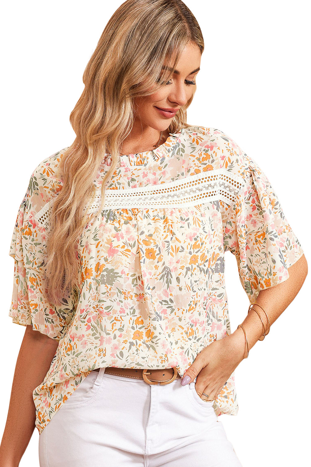 Floral Print Wide Ruffle Sleeves Blouse