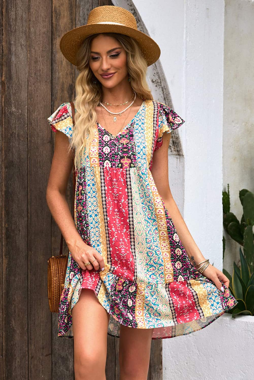 Floral Patchwork Print Flutter Sleeve Dress