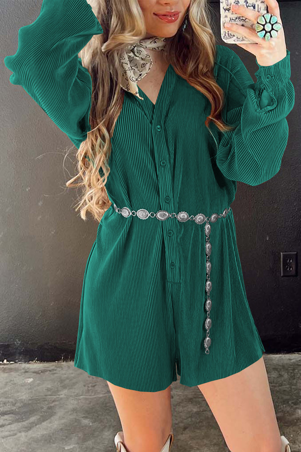 Ribbed Long Sleeve Button Front Romper