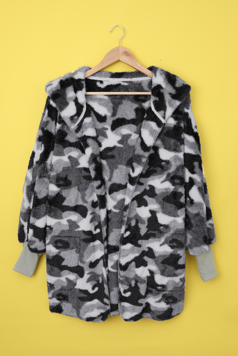 Camo Print Soft Fleece Hooded Open Front Coat