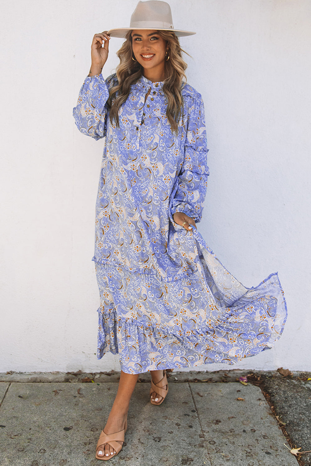 Ruffled Bubble Sleeves Kaftan Paisley Maxi Dress