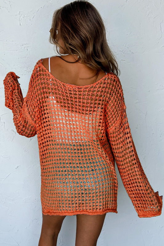 Orange Open Knit Crochet Bell Sleeve Tunic Sweater