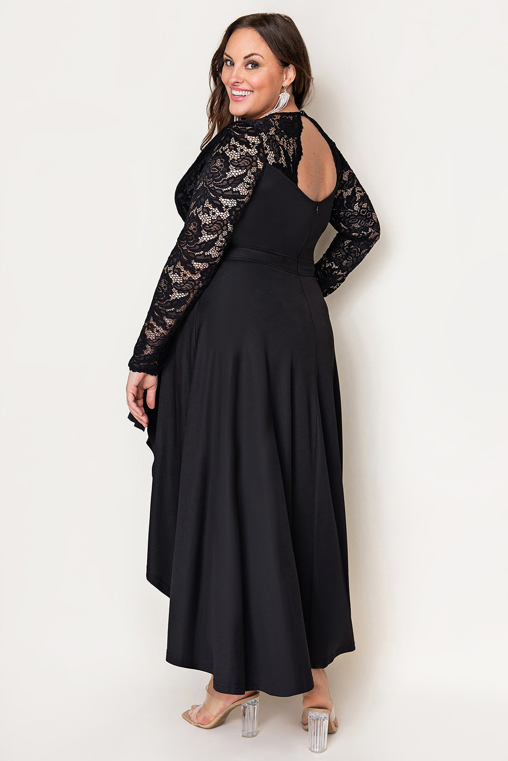 Plus Size High-Low Lace Contrast Evening Dress