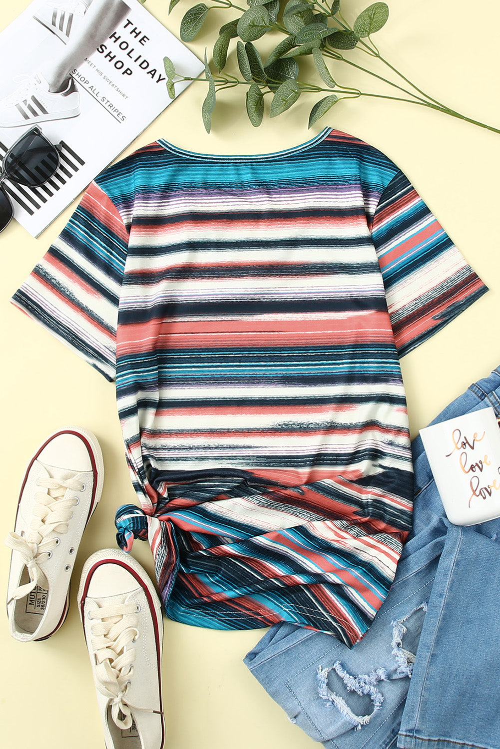 Striped Crisscross Neck Short Sleeve Top