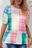 Bold Plaid Color Block Puff Sleeve Peplum Top