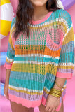 Pink Stripe Plus Size Open Knit Patch Pocket Short Sleeve Sweater