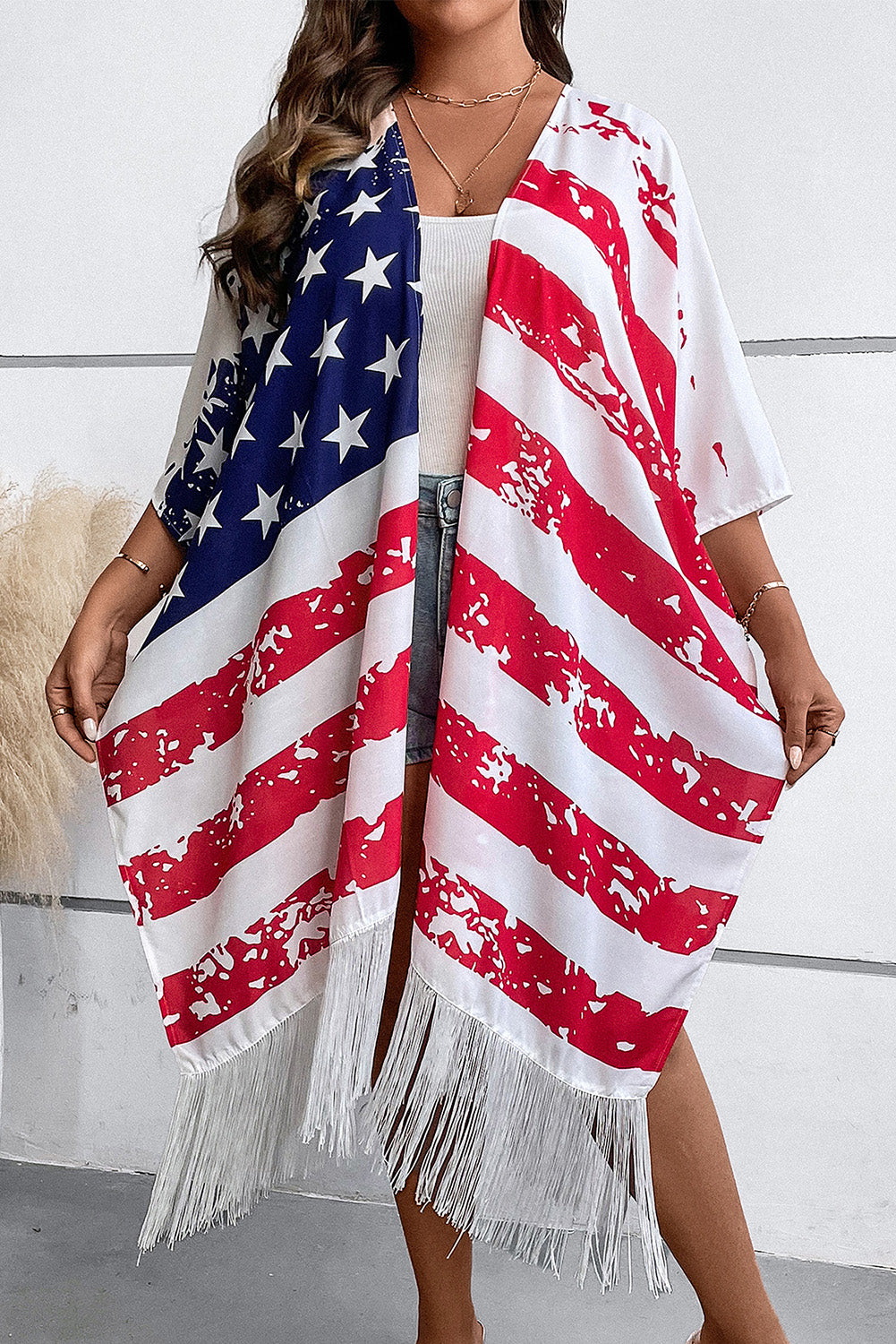 Plus Size American Flag Tasseled 3/4 Sleeve Cardigan