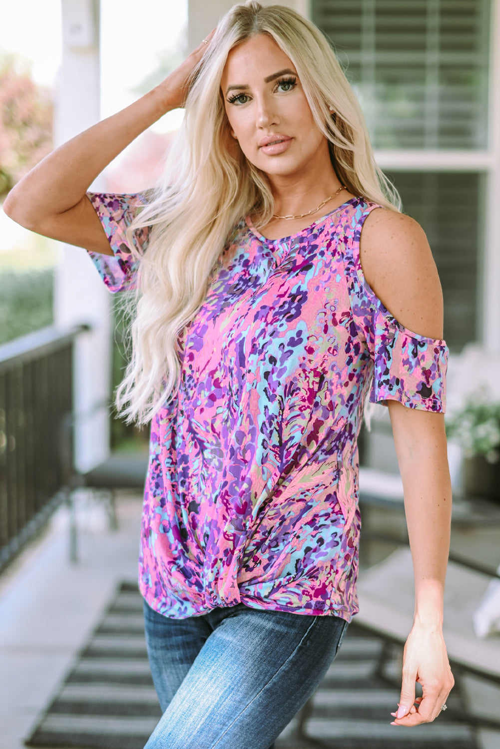 Lavender Floral Print Cold Shoulder Blouse