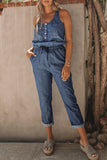 High Waist Buttons Sleeveless Denim Romper