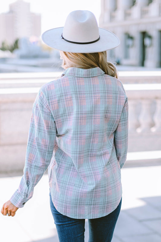 Chemise à manches longues à motif écossais et encolure à col rose