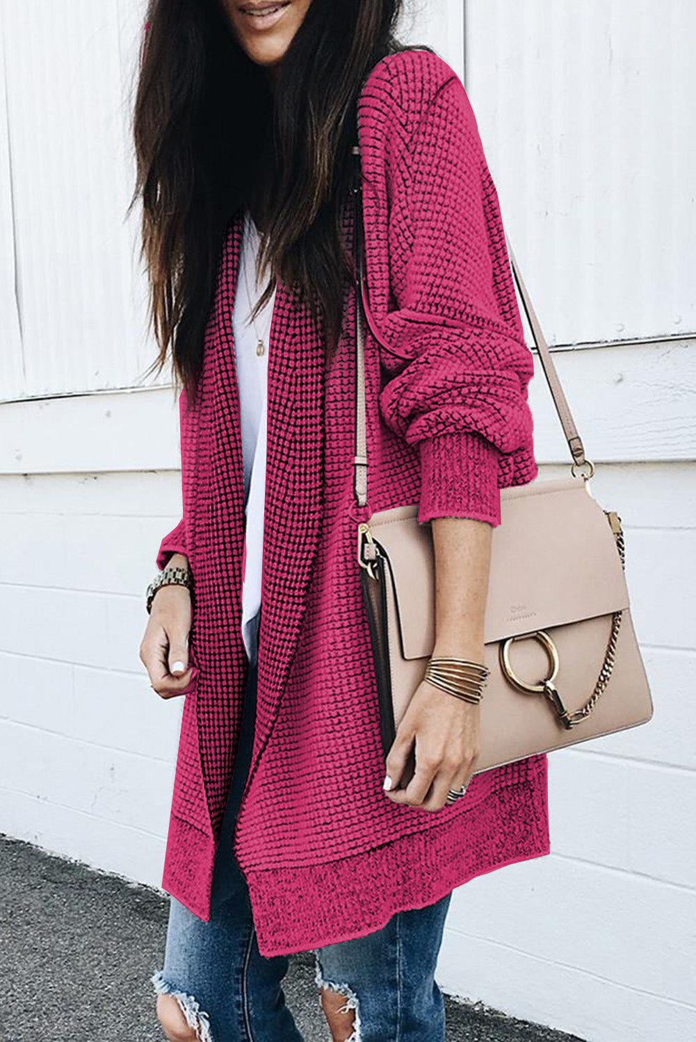 Apricot Plaid Knitted Long Open Front Cardigan