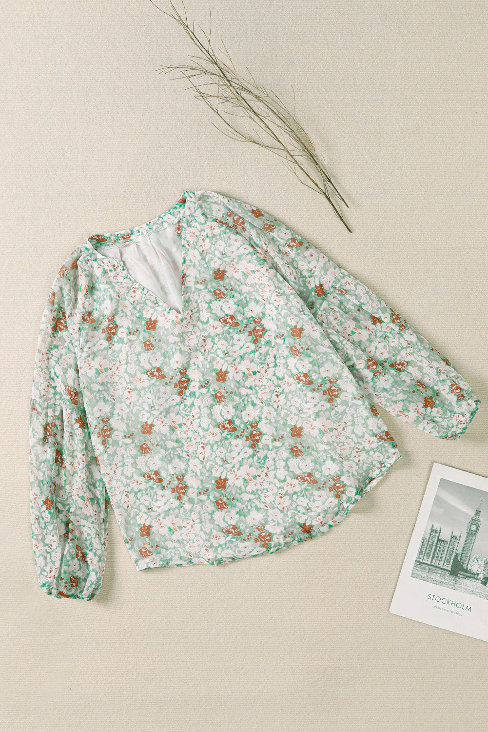 Green Floral Print V Neck Long Puff Sleeve Top