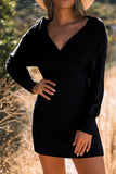 Cable Ribbed Knit V Neck Bodycon Sweater Dress