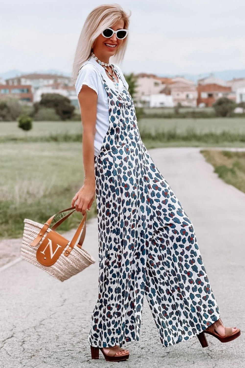 Wide Leg Leopard Print Jumpsuit Overalls