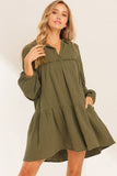 Green Frayed Trim Split Neck Puff Sleeve Flared Dress