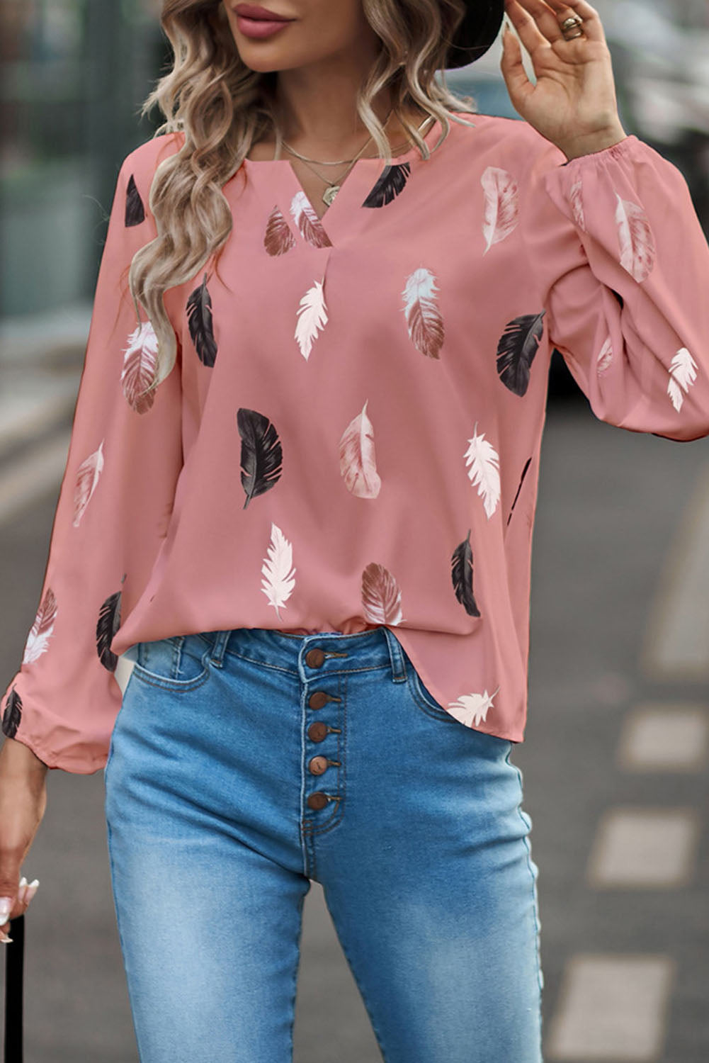 Notch V Neck Feather Print Blouse