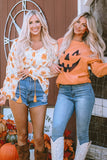 Orange Spooky Season Ghost Print Ribbed Pullover Sweatshirt