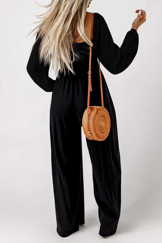 Smocked Square Neck Long Sleeve Wide Leg Jumpsuit