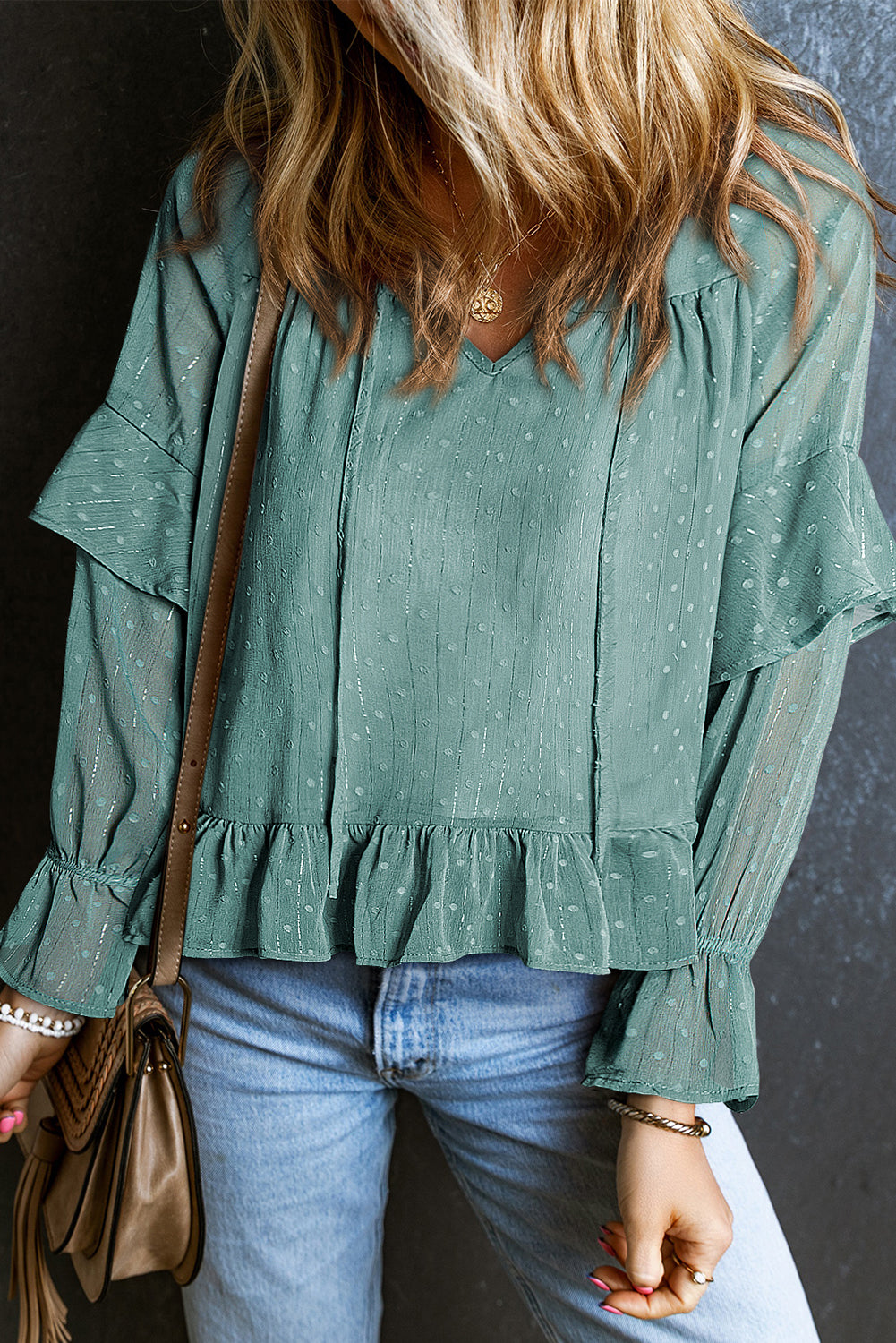 Fiery Red Swiss Dot Lace up V Neck Ruffled Blouse