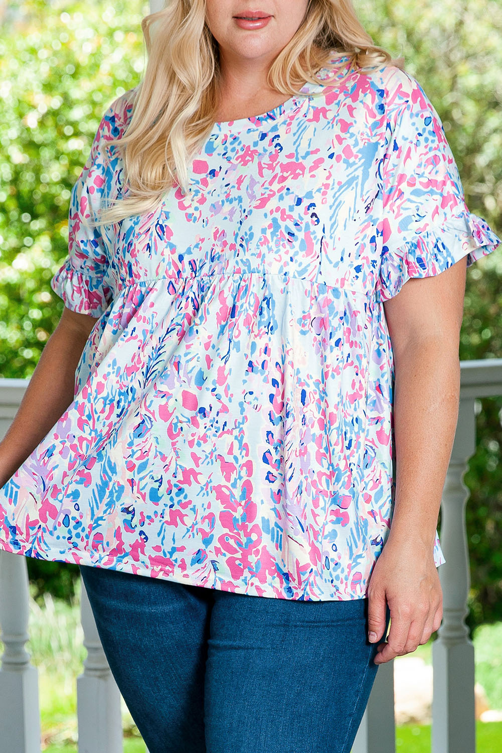 Printed Wide Neck Thumbhole Sleeve Henley Top