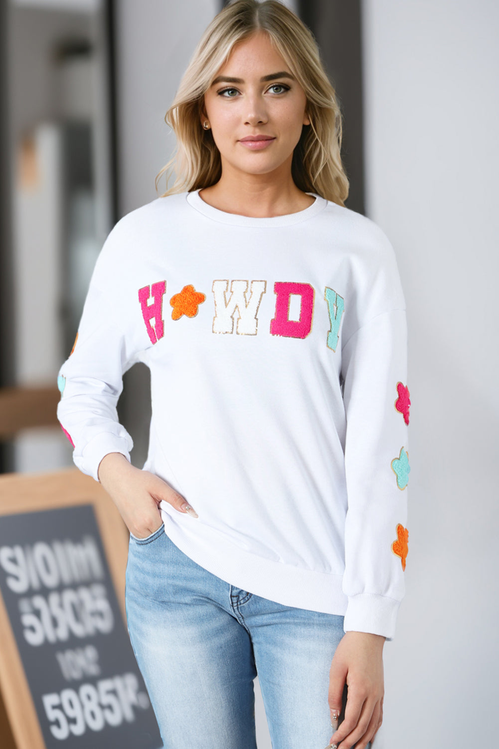 Sweat-shirt décontracté blanc à paillettes Howdy Patch graphique