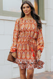 Western Pattern Print Lantern Sleeve Drawstring Mini Dress