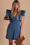 Ruffle Pleated Denim Romper with Pockets