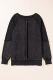 Black Solid Waffle Knit Patchwork Raglan Sleeve Sweatshirt