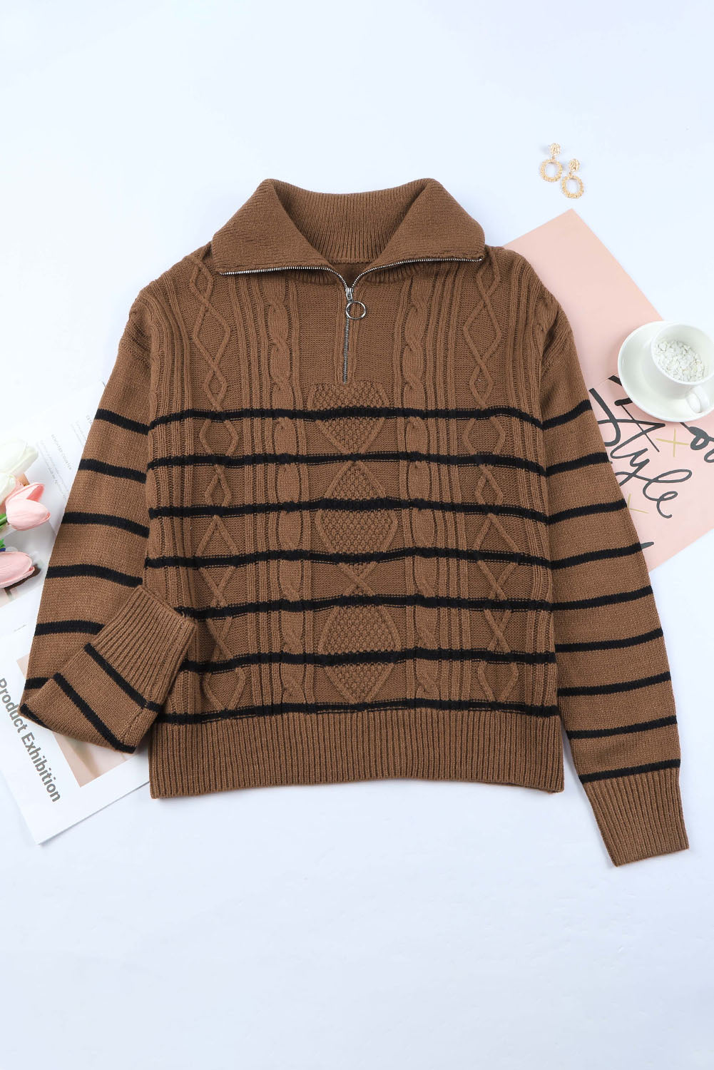 Brown Striped Half Zip Pullover Sweater