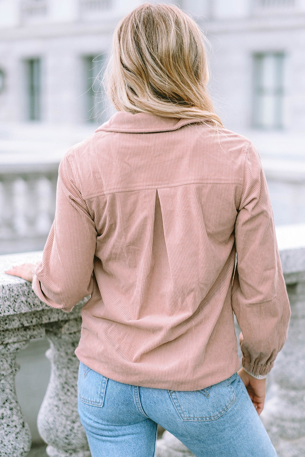 Apricot Ribbed Texture Half Zip Collared Sweatshirt