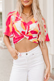 Abstract Print V Neck Twist Front Cropped Blouse