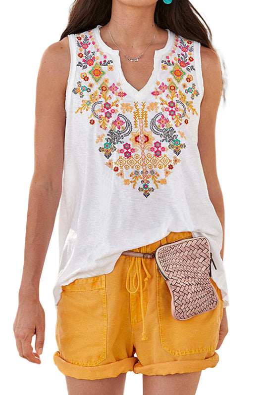 Bohemian Floral Print Notched V Neck Tank Top