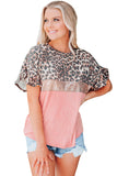 Leopard Sequin Colorblock Patchwork Short Sleeve Top