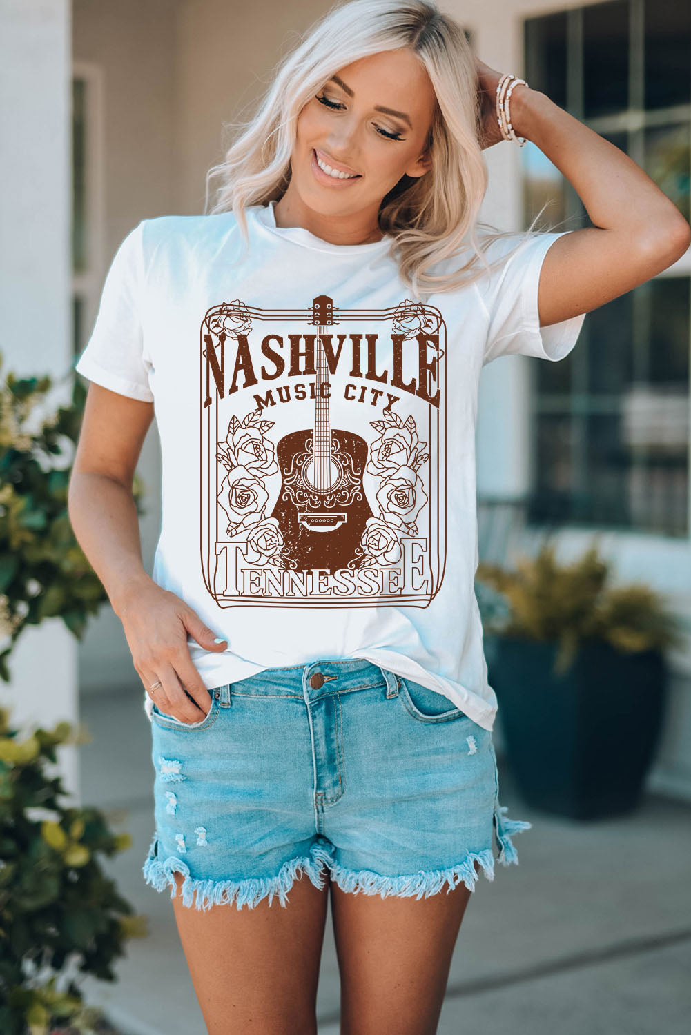 White NASHVILLE MUSIC CITY Graphic Crew Neck Tee