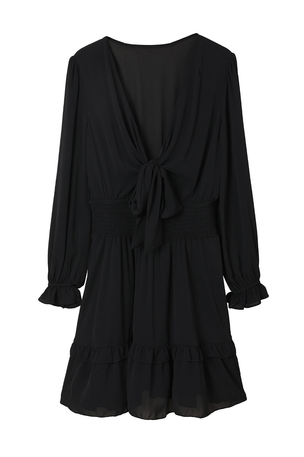 Deep V Neck Lantern Sleeve Knotted Tiered Mini Dress