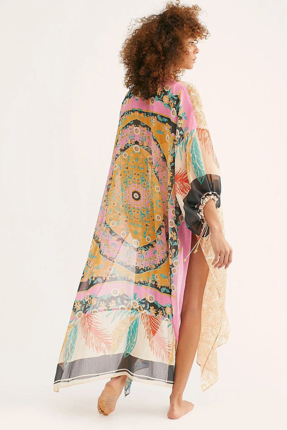 Bohemian Patchwork Print Drawstring Puff Sleeve Kimono