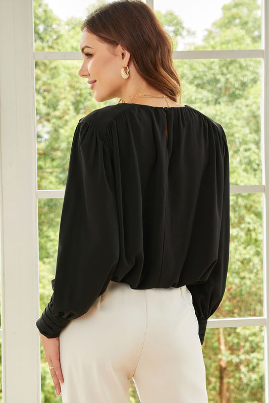 Padded Shoulder Buttoned Cuffs Pleated Loose Blouse