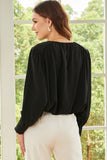 Padded Shoulder Buttoned Cuffs Pleated Loose Blouse