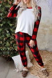 Red Plaid Raglan Sleeves Top and Drawstring Pants Lounge Set