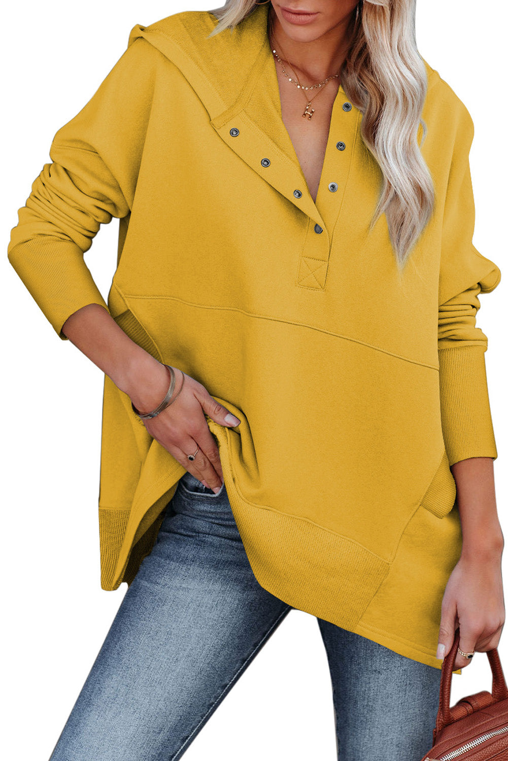 Turquoise Batwing Sleeve Pocketed Henley Hoodie