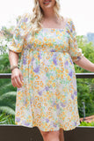 Plus Size Floral Print Ruffle Bubble Sleeve Babydoll Dress