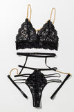 3pcs Gold Chain Decor Lace Strappy Gartered Lingerie Set