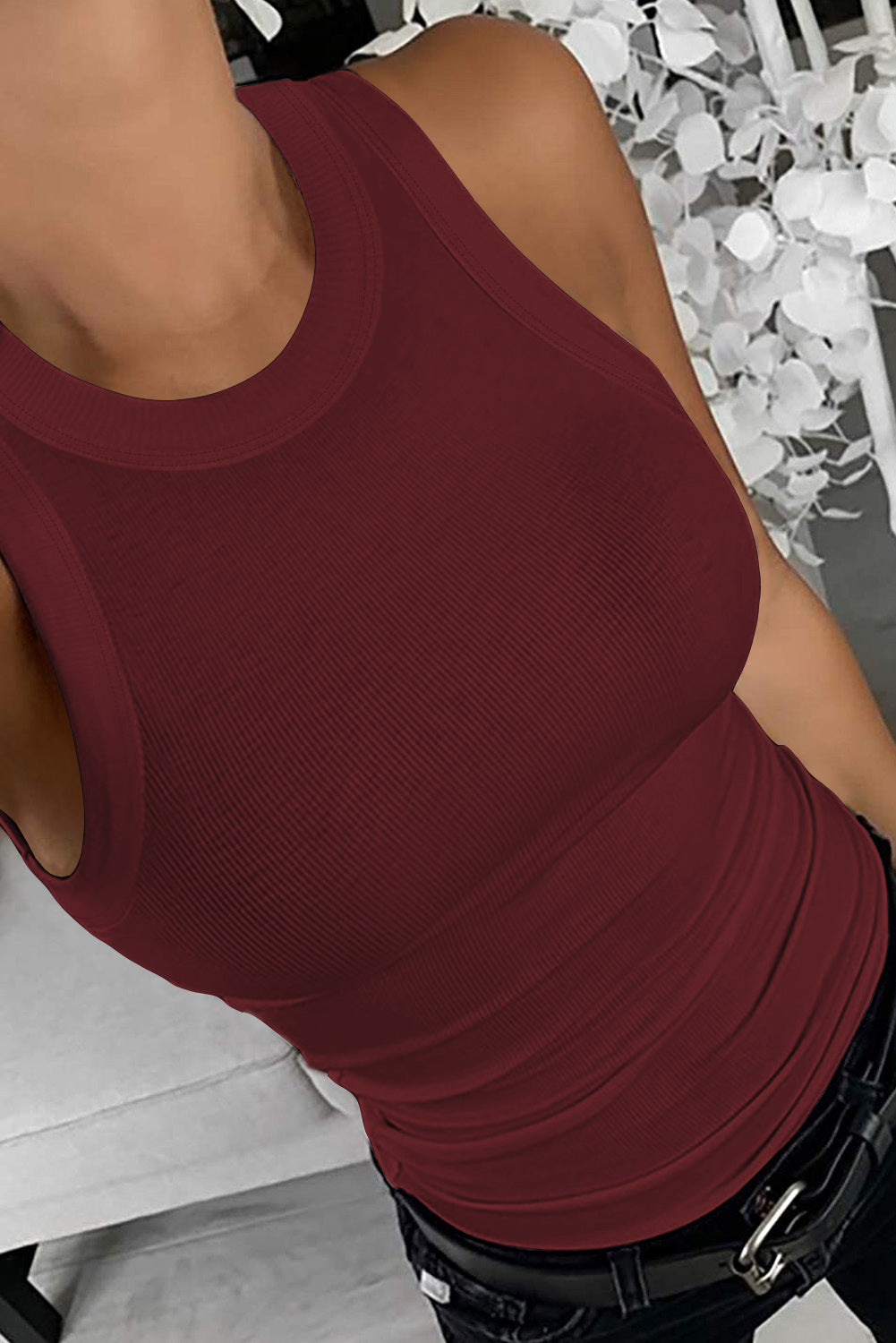 Solid Ribbed Knit Slim Fit Tank Top